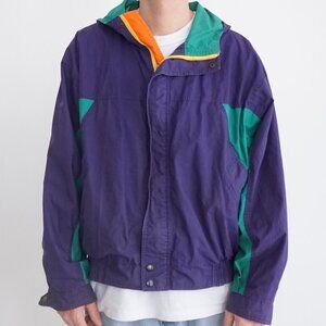 Vintage '80S Gant Purple Green Cotton Zip Up Nautical Windbreaker Hood Jacket XL